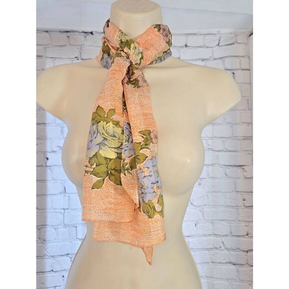 Vintage Womens Orange/Green Floral Rectangle Neck Or Head Scarf - Picture 1 of 4